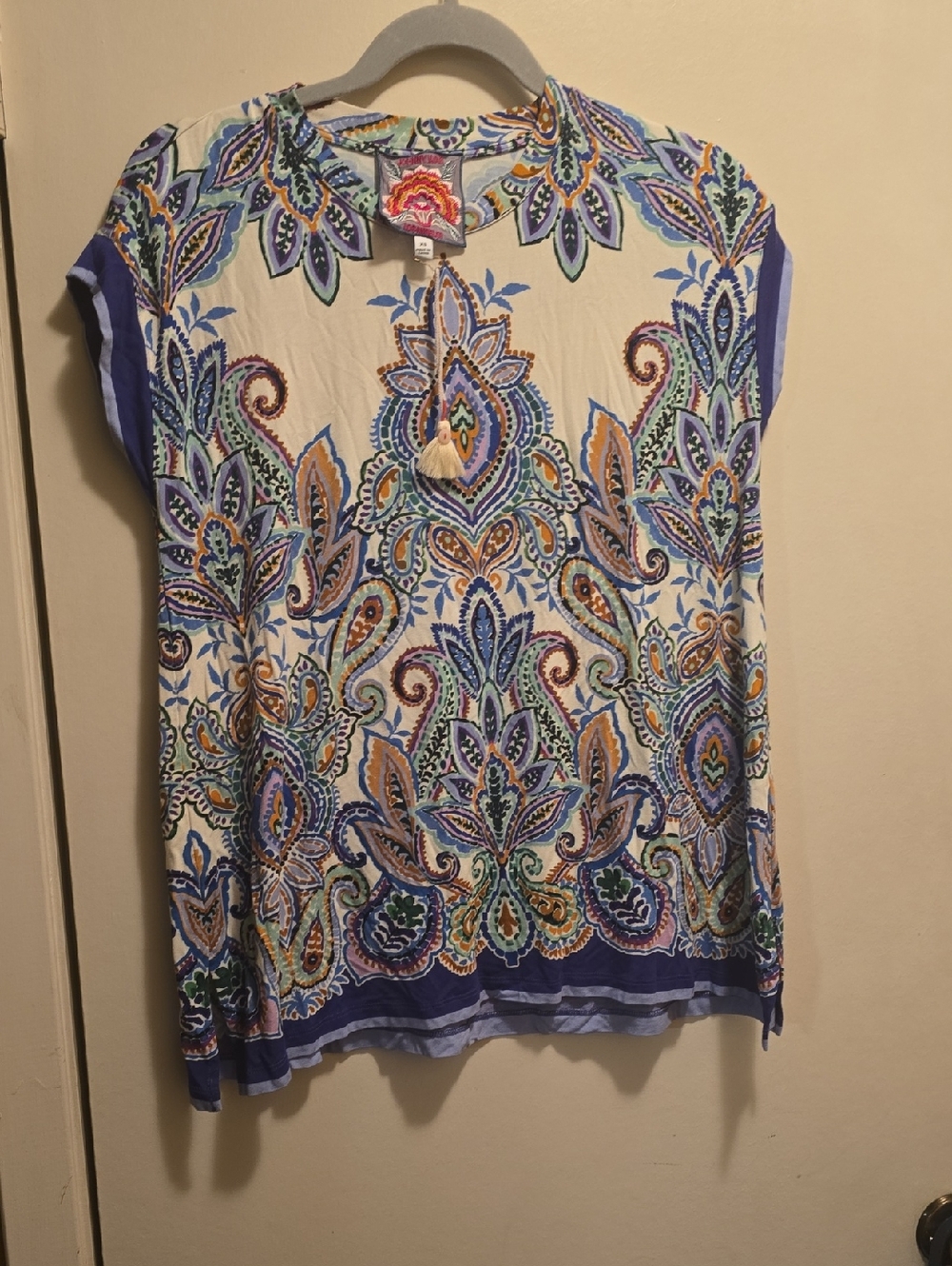 Johnny Was Cream Tunic with Blue, Purple & Green Paisley